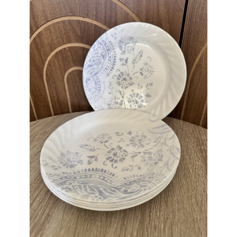 5 VTG Corelle Impressions BOTANIQUE Salad Dessert Plates 7.25" White Blue